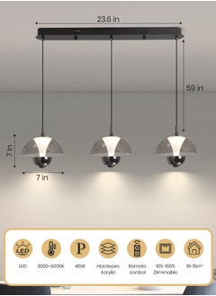 YATAI LIGHTING Modern LED Pendant Light, 45W Dome Shape Adjustable Height Chandelier, Remote Control Dimmable Lighting (3000-6000K), Black Minimalist Design for Dining Room, Kitchen Island, 10-15㎡  - Image 2