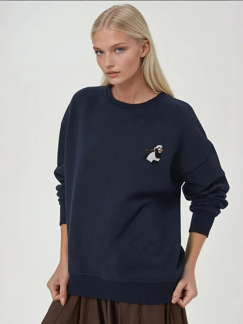 Hiccup Midnight Blue Comfort Animal Pattern Embroidered Raised Crew Neck Sweatshirt for Women | Best Price UAE