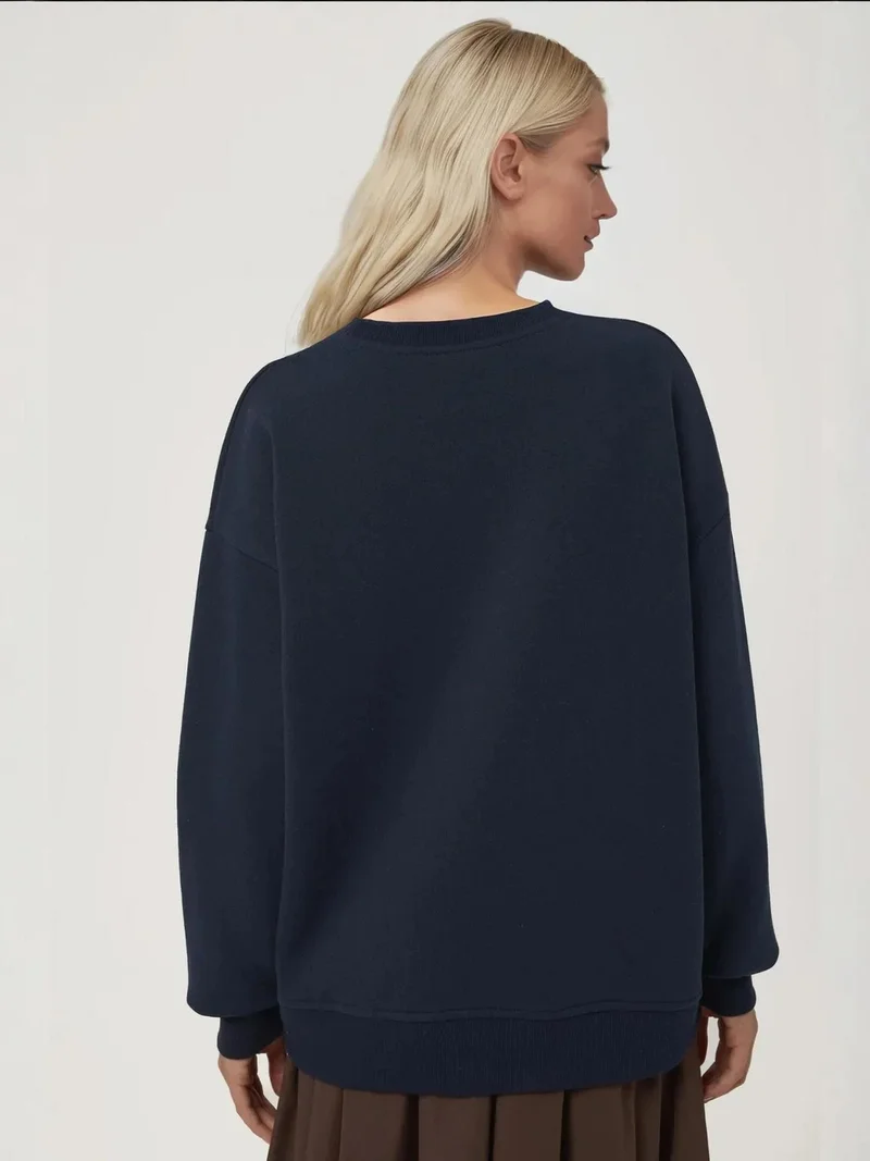 Hiccup Midnight Blue Comfort Animal Pattern Embroidered Raised Crew Neck Sweatshirt for Women | Best Price UAE