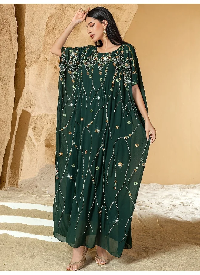 Madam Uniq New Handcrafted Beaded Floral Cape with Three-Dimensional Embroidery for Parties - Long Dress Robe Abaya