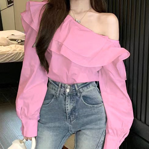Early spring ruffled off-the-shoulder shirt womens clothing 2023 new long sleeve French design temperament Hong Kong style top fashion Pink - Image 1