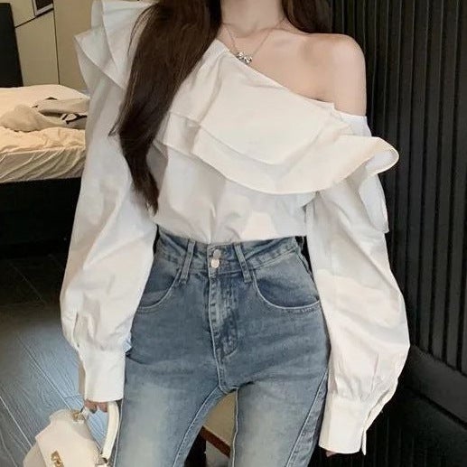 Early spring ruffled off-the-shoulder shirt womens clothing 2023 new long sleeve French design temperament Hong Kong style top fashion Pink - Image 3