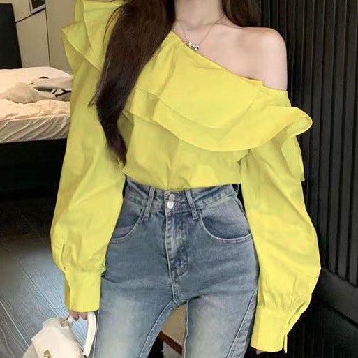 Early spring ruffled off-the-shoulder shirt womens clothing 2023 new long sleeve French design temperament Hong Kong style top fashion Pink - Image 4