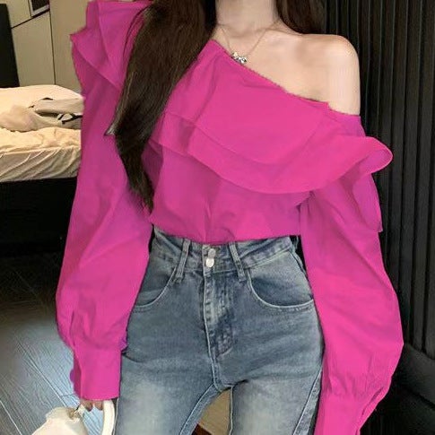 Early spring ruffled off-the-shoulder shirt womens clothing 2023 new long sleeve French design temperament Hong Kong style top fashion Pink - Image 2