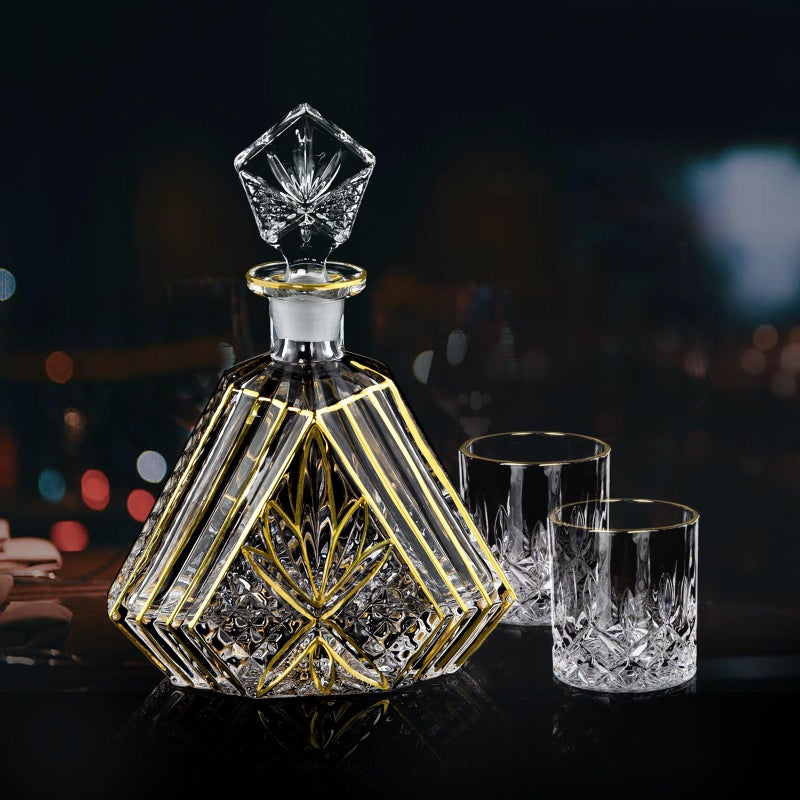 NBNSTHV Hand-painted Gold Decanter Set for Men - Whiskey Decanter, Wine Aerator, and 2 Glasses, Liquor Bottles, Bourbon and Tequila Decanter,crystal decanter and 2 old fashioned glass - Image 1