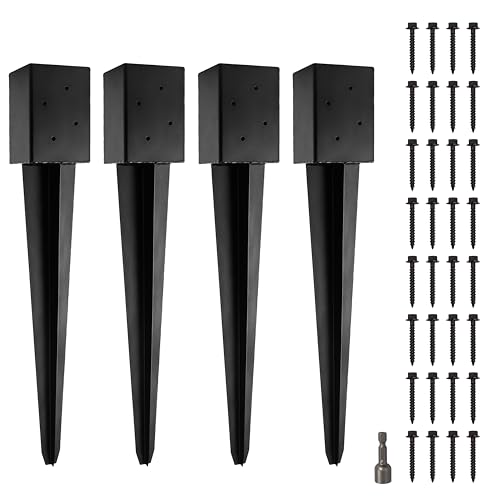 LADECH 4x4 Metal Fence Post Anchor - 24' Black Powder Coated Spikes (Pack of 4) for 3.5x3.5 Wood Posts - Image 1
