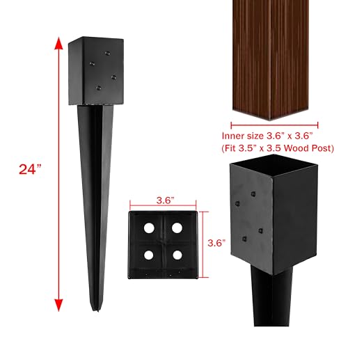 LADECH 4x4 Metal Fence Post Anchor - 24' Black Powder Coated Spikes (Pack of 4) for 3.5x3.5 Wood Posts - Image 2