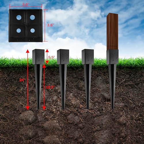 LADECH 4x4 Metal Fence Post Anchor - 24' Black Powder Coated Spikes (Pack of 4) for 3.5x3.5 Wood Posts - Image 4