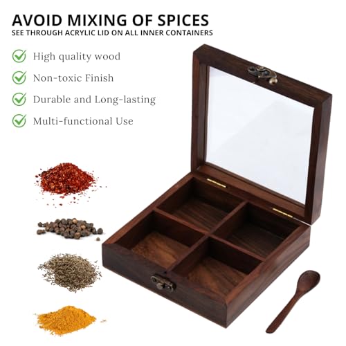 Freakway Table Top Wooden Spice Box Set for Kitchen Masala Dabba Containers Jars Masala Dani & Wooden Masala Box for Kitchen Spice Box with Spoon 4 Containers - Image 4