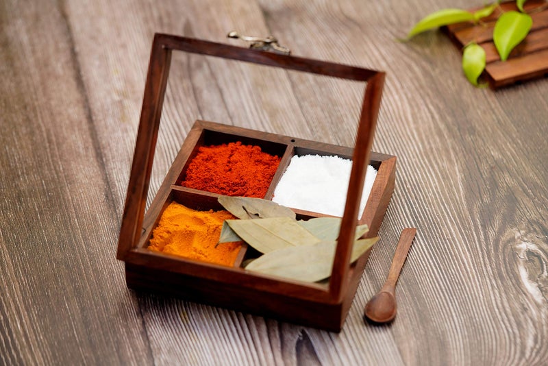 Freakway Table Top Wooden Spice Box Set for Kitchen Masala Dabba Containers Jars Masala Dani & Wooden Masala Box for Kitchen Spice Box with Spoon 4 Containers - Image 1