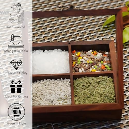 Freakway Table Top Wooden Spice Box Set for Kitchen Masala Dabba Containers Jars Masala Dani & Wooden Masala Box for Kitchen Spice Box with Spoon 4 Containers - Image 5