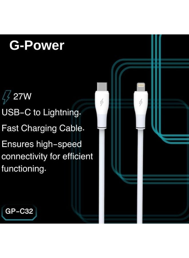 جي باور كابل الشحن السريع G-Power GP-C32 (USB-C إلى Lightning) بقدرة 27 واط، متوافق مع سلسلة iPhone 14/13/12/11، وهواتف Samsung، وGoogle Pixel، وMacBook، وأجهزة iPad، والأجهزة اللوحية، طول 1.2 متر - أبيض - Image 2