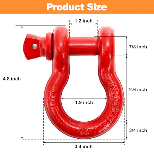 Bekith 3 Pack D Ring Shackles - 3/4" Rugged Unbreakable Heavy Duty Tow Shackle for Strap, Winch, Vehicle Recovery - 28.5 Ton (57,000 Lbs) Maximum Break Strength, Red - Image 2