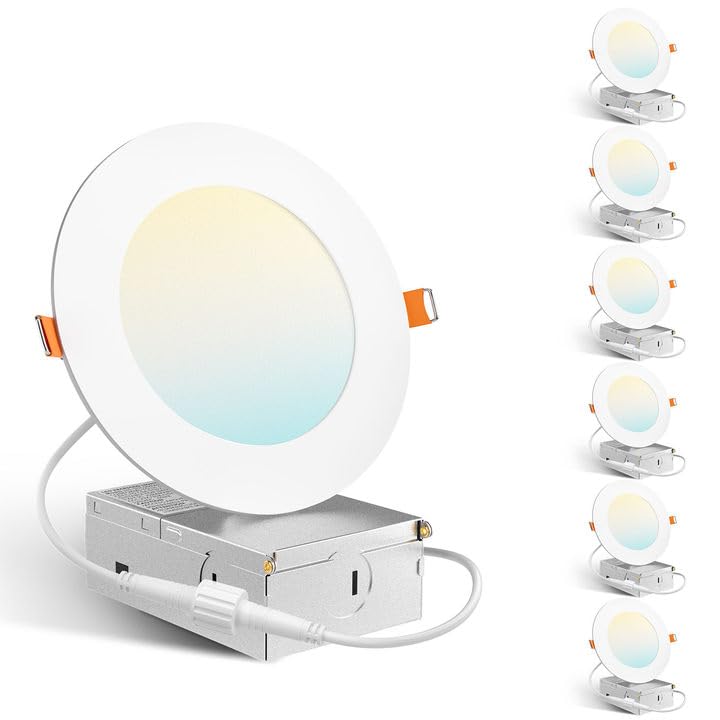 Amico 6 Pack 4 Inch 5CCT Ultra-Thin LED Recessed Dimmable Ceiling Light with Junction Box, 2700K/3000K/3500K/4000K/5000K Selectable, 10W Eqv 60W, 800 Lumens, High Brightness Downlight - ETL&FCC - Image 1