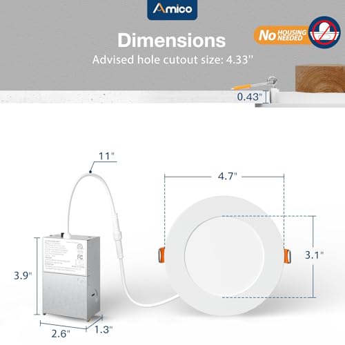 Amico 6 Pack 4 Inch 5CCT Ultra-Thin LED Recessed Dimmable Ceiling Light with Junction Box, 2700K/3000K/3500K/4000K/5000K Selectable, 10W Eqv 60W, 800 Lumens, High Brightness Downlight - ETL&FCC - Image 4