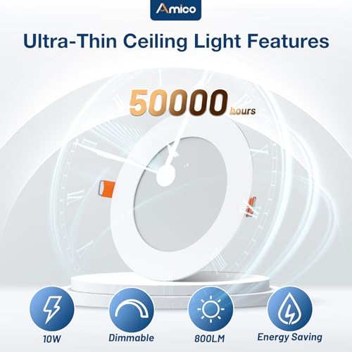 Amico 6 Pack 4 Inch 5CCT Ultra-Thin LED Recessed Dimmable Ceiling Light with Junction Box, 2700K/3000K/3500K/4000K/5000K Selectable, 10W Eqv 60W, 800 Lumens, High Brightness Downlight - ETL&FCC - Image 3
