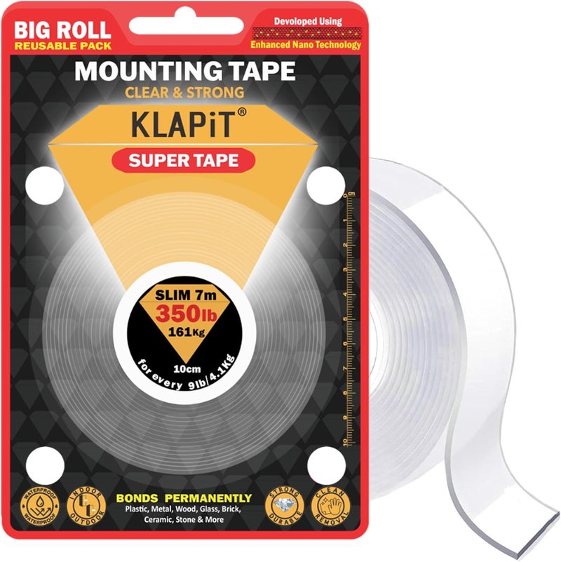 كلابيت شريط لاصق سوبر بطول 7 أمتار للتركيب على الوجهين - يتحمل وزن 161 كجم مع تقنية نانو محسّنة - مقاوم للماء وشفاف، مثالي للجدران والخشب والبلاط والحجر والزجاج والمعادن والأكريليك - Image 1