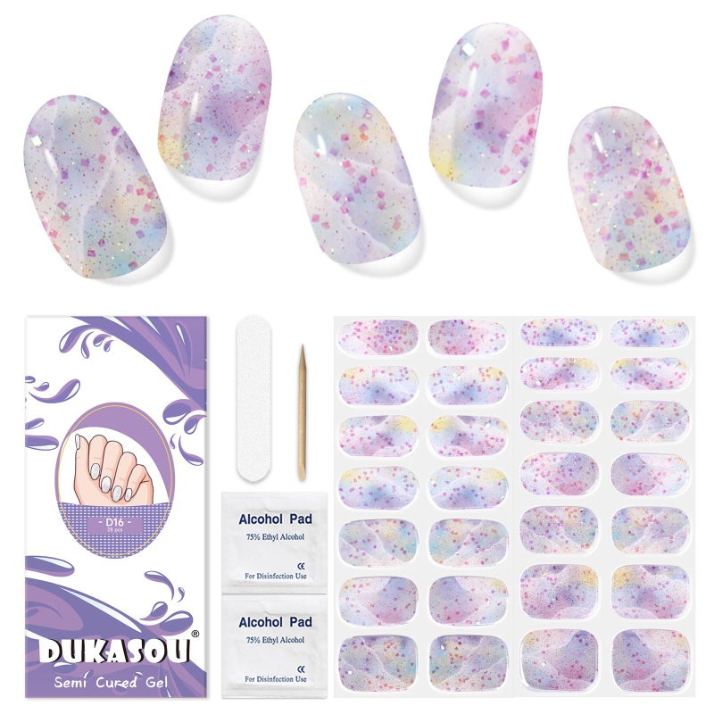 DUKASOU Semi Cured Gel Nail Strips, 28 pcs Nail Gel Stickers Work with Any UV Lights, Long-Lasting Nail Wraps, Stick on Nails for women Easy to Apply & Remove - Image 1