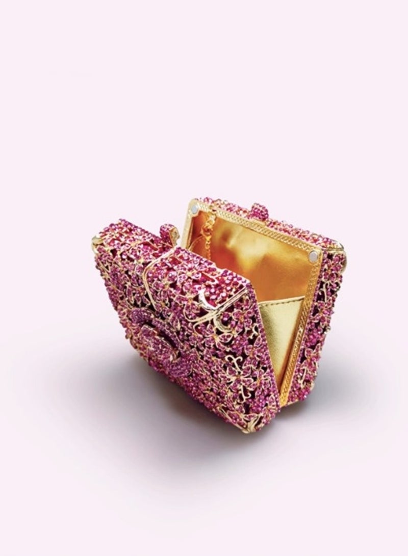 Luxury Pink Crystal Inlaid Carved Hollow Flower Box Banquet Bag Clutch Bag Exquisite Mini Small Square Bag  - Image 2