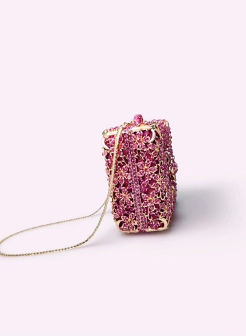 Luxury Pink Crystal Inlaid Carved Hollow Flower Box Banquet Bag Clutch Bag Exquisite Mini Small Square Bag  - Image 3