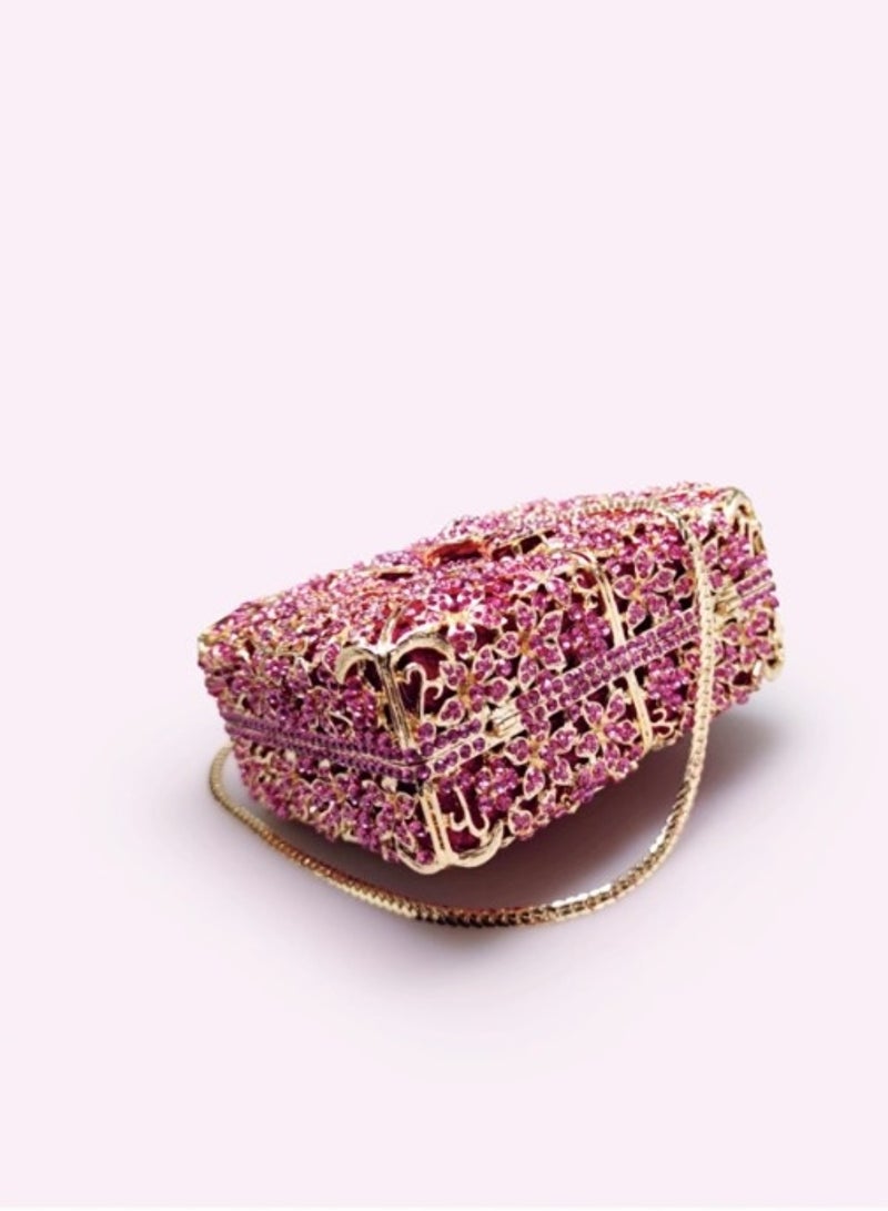 Luxury Pink Crystal Inlaid Carved Hollow Flower Box Banquet Bag Clutch Bag Exquisite Mini Small Square Bag  - Image 4
