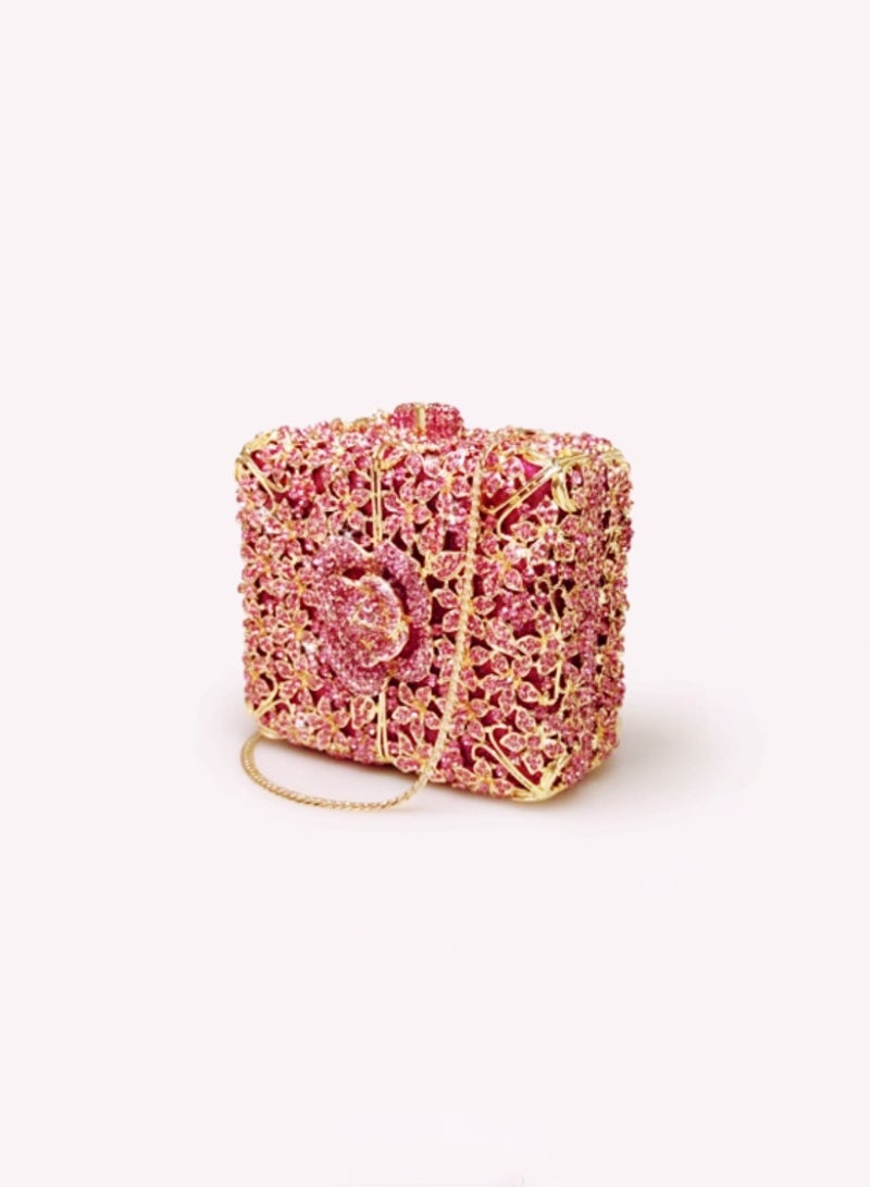 Luxury Pink Crystal Inlaid Carved Hollow Flower Box Banquet Bag Clutch Bag Exquisite Mini Small Square Bag  - Image 1