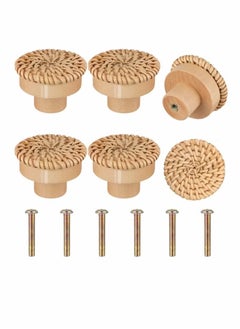 Generic Wooden Drawer Knobs, Rattan Dresser Knobs Round Handmade Wicker Woven and Screws for Boho Furniture Cabinets Handles Hardware Pulls Cabinet (6 6 Screws)  - Image 1