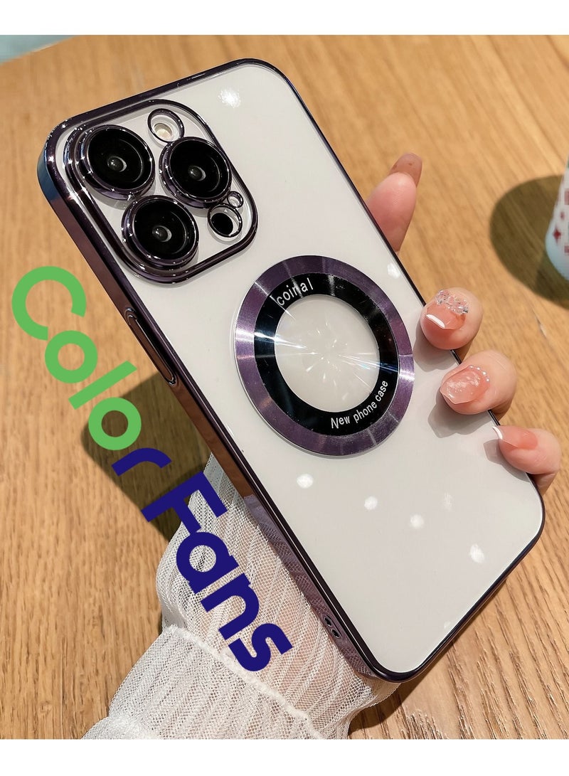 Color Fans for iPhone 13 Pro Case Magnetic Compatible with Magsafe Glass Lens Camera Protector Logo View Hard Luxury Phone Case for Women Men Transparent Cover Purple - Image 1