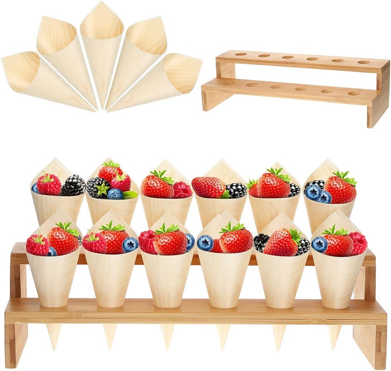 Queekay 100 Pcs Disposable Wooden Food Cones with 12 Holes Food Cone Display Stand Cone Holder for Charcuterie, Ice Cream, Catered Events, Party or Buffets (Beige) - Image 1