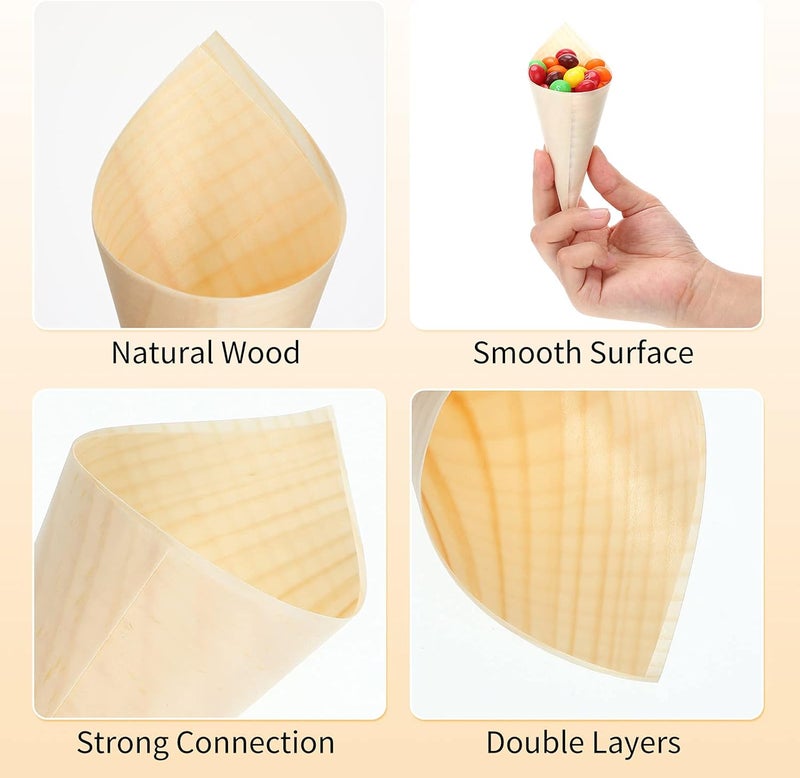 Queekay 100 Pcs Disposable Wooden Food Cones with 12 Holes Food Cone Display Stand Cone Holder for Charcuterie, Ice Cream, Catered Events, Party or Buffets (Beige) - Image 3