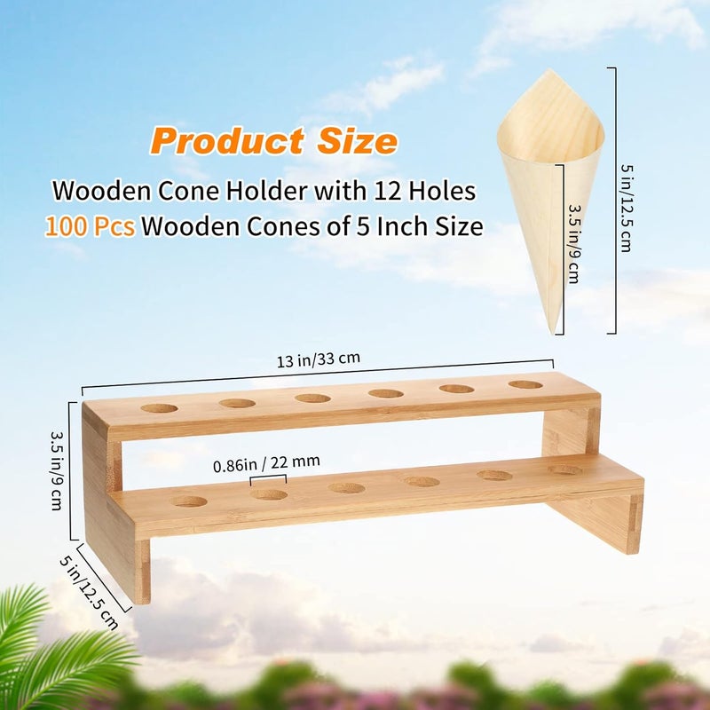 Queekay 100 Pcs Disposable Wooden Food Cones with 12 Holes Food Cone Display Stand Cone Holder for Charcuterie, Ice Cream, Catered Events, Party or Buffets (Beige) - Image 2