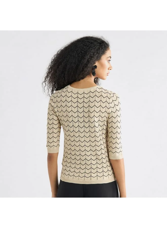 Splash FAV Textured Sweater with Round Neck and 3/4 Sleeves