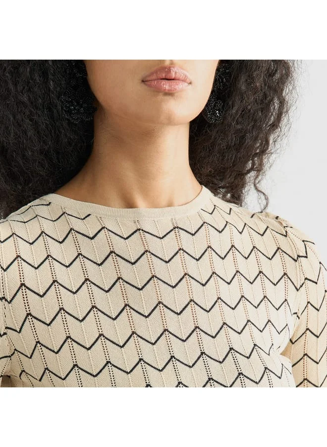 Splash FAV Textured Sweater with Round Neck and 3/4 Sleeves