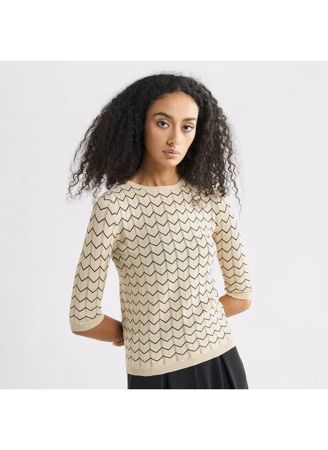 FAV Textured Sweater with Round Neck and 3/4 Sleeves