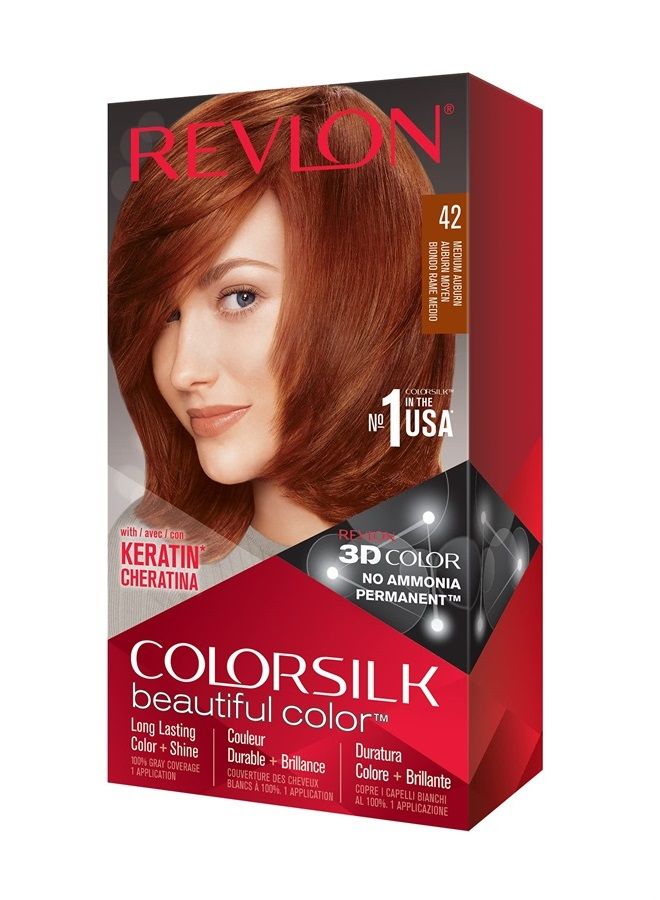 Revlon ألوان حرير جميلة، صبغة شعر دائمة بتقنية هلام 3D وكيراتين، تغطية 100% للشعر الرمادي، 42 بني متوسط - Image 1