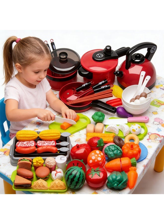 Kids Kitchen Pretend Play Toys Set Cutting Cooking Set With Food Fruits Vegetables Cooking Utensils Educational Early Age Basic Skills Development Gift For Toddlers Children (73 PCS) - Image 3