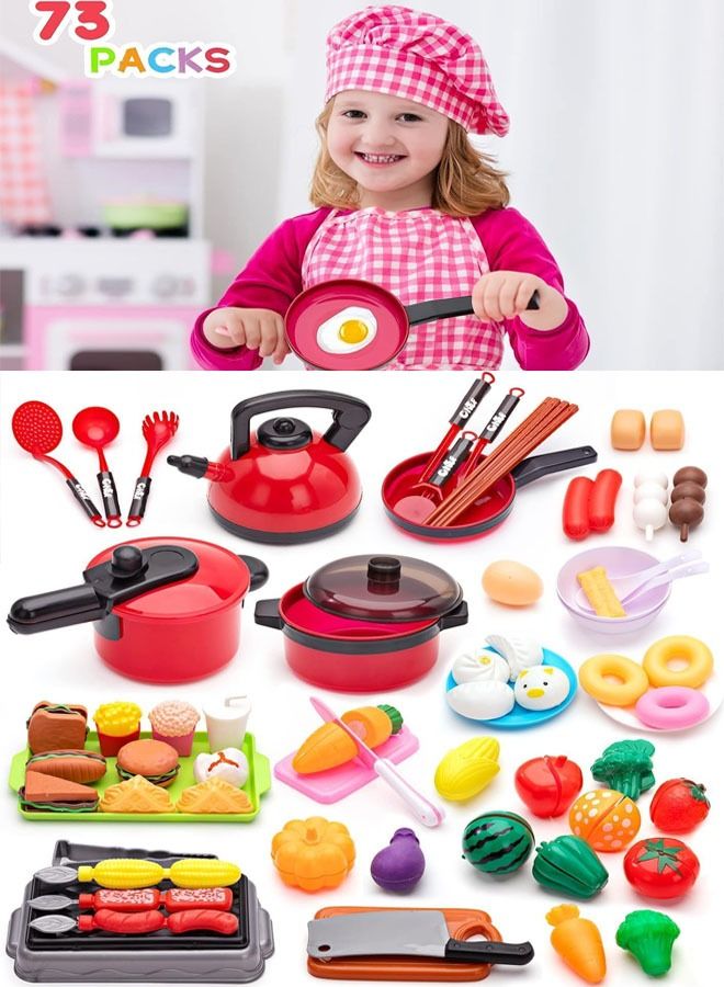 Kids Kitchen Pretend Play Toys Set Cutting Cooking Set With Food Fruits Vegetables Cooking Utensils Educational Early Age Basic Skills Development Gift For Toddlers Children (73 PCS)  - Image 1