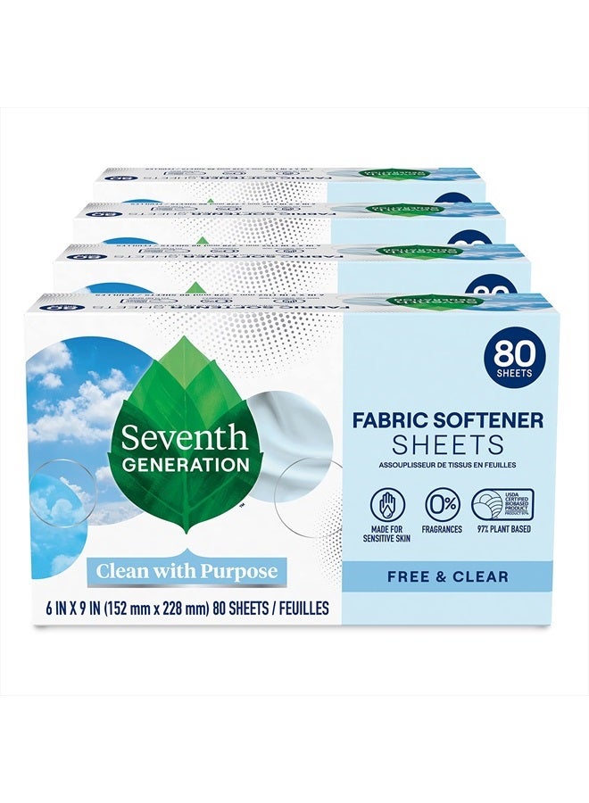 Seventh Generation Dryer Sheets Fabric Softener Free & Clear Fragrance Free 80 Sheets (Pack of 4) - Image 1