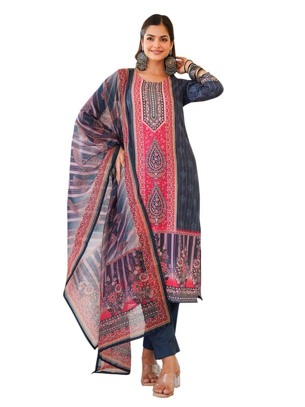 Vaamsi Women's Blue Rayon Printed Straight Kurta Pants With Dupatta Set | Festive Straight Kurta Set For Women | Printed Salwar Suit For Women (SKSKD3053, L) - Image 1