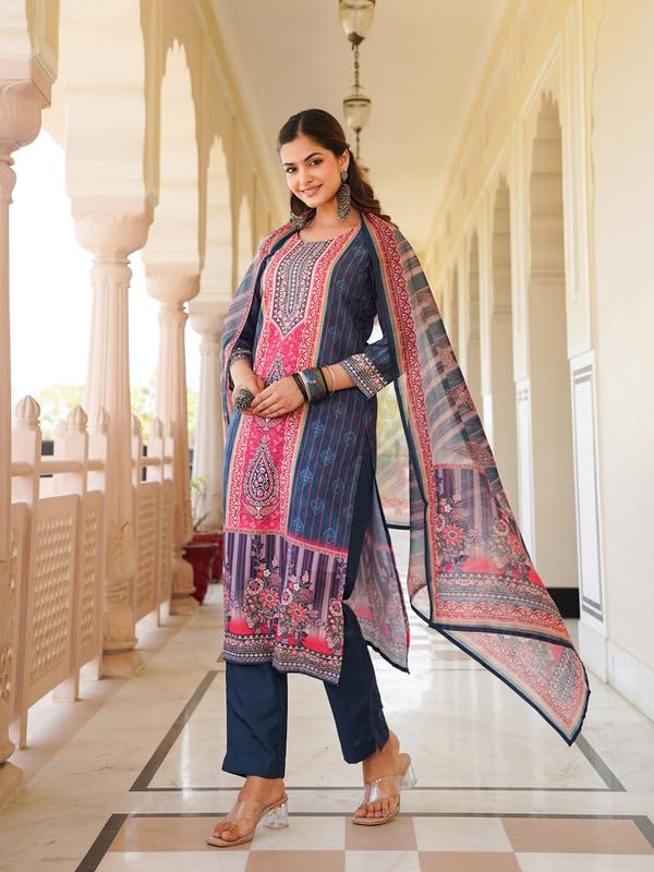 Vaamsi Women's Blue Rayon Printed Straight Kurta Pants With Dupatta Set | Festive Straight Kurta Set For Women | Printed Salwar Suit For Women (SKSKD3053, L) - Image 3