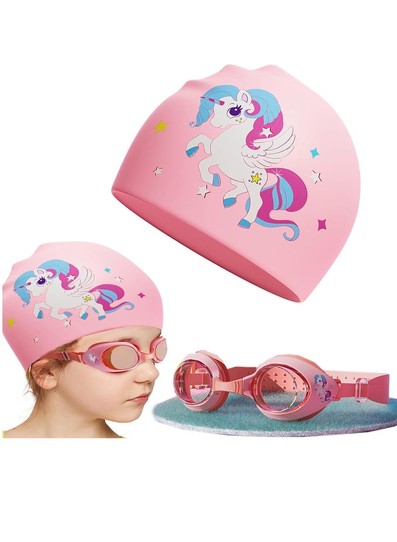 VUCATIN Kids Swimming Caps Swimming Hat for Girls Kids Waterproof Bathing Swim Cap Anti Fog UV Protection Goggles for Kids Toddlers Children Boys (Unicorn) - Image 1