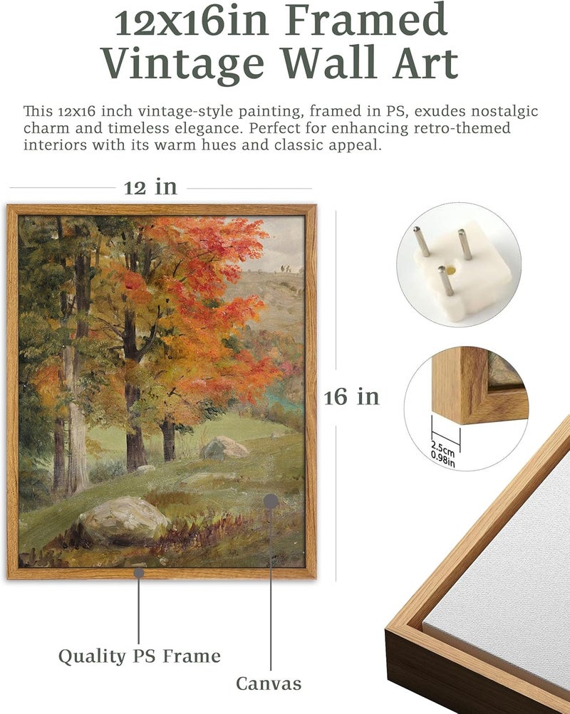 UPWOIGH Framed Wall Art,Autumn Tree Oil Painting Canvas Poster Vintage Fall Landscape Rustic Print Retro Forest Moody Wall Art Living Room Decor 12x16in | Oil Painting Canvas Print, Vintage Fall Forest Scene, Retro Moody Décor, Living Room Accent - Image 2