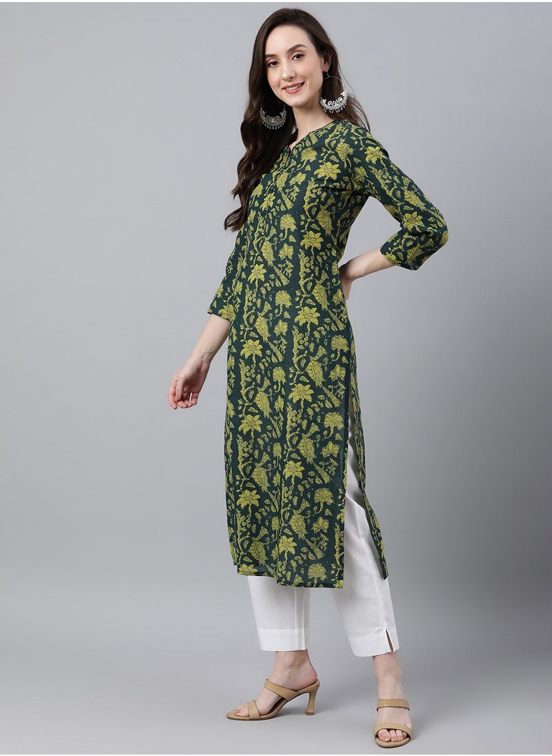 IndHeritage - Indian Kurti - Eid kurti collection - Premium dark green kurti with leaf prints - Image 1