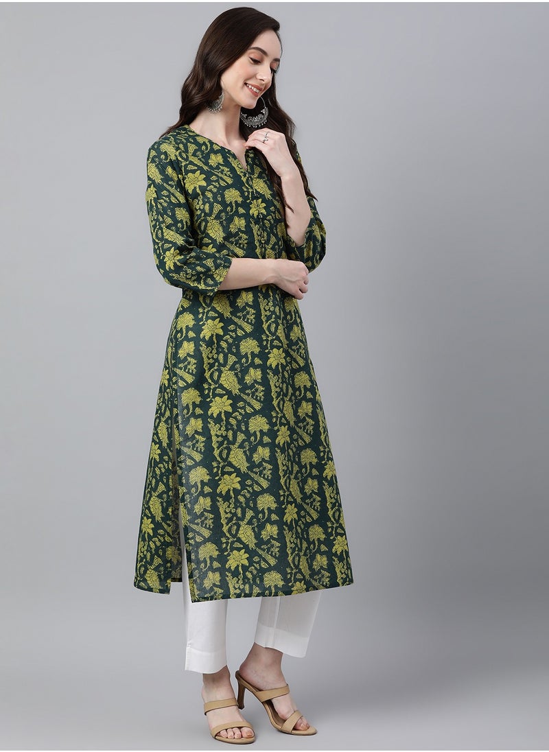 IndHeritage - Indian Kurti - Eid kurti collection - Premium dark green kurti with leaf prints - Image 1