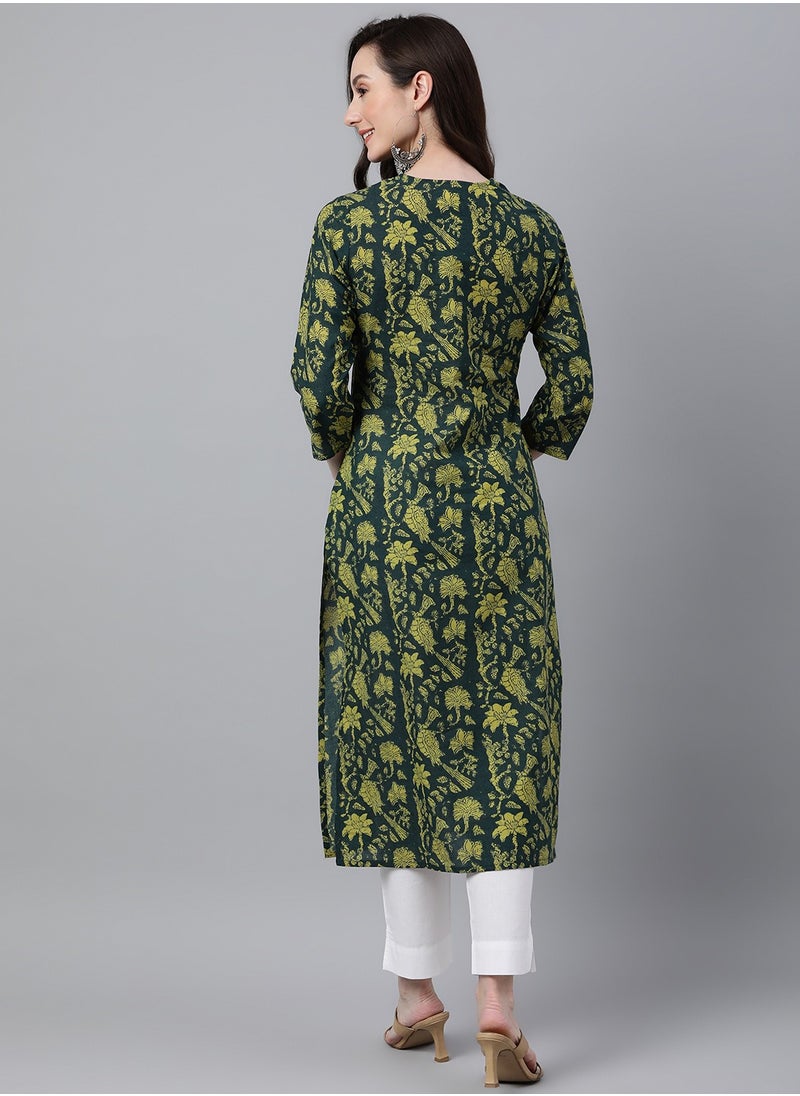 IndHeritage - Indian Kurti - Eid kurti collection - Premium dark green kurti with leaf prints - Image 1