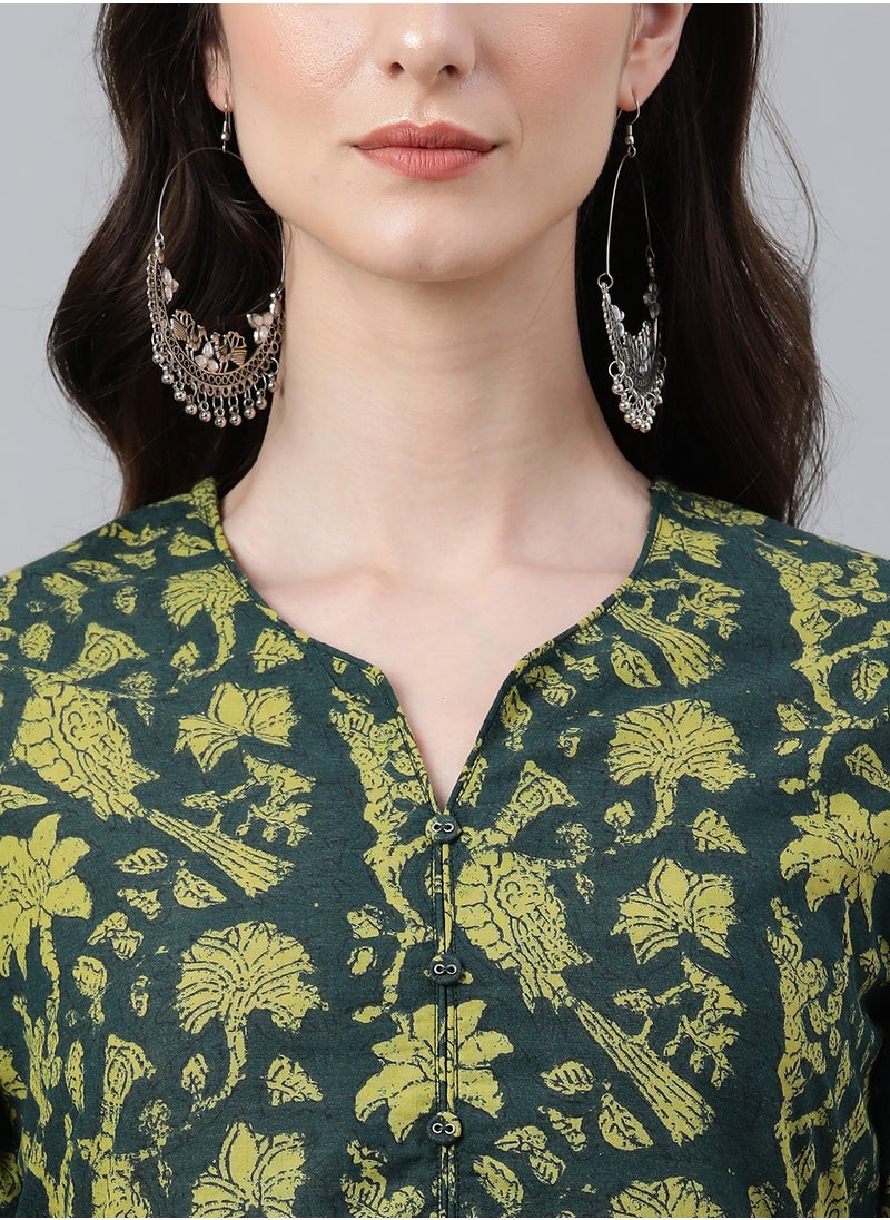 IndHeritage - Indian Kurti - Eid kurti collection - Premium dark green kurti with leaf prints - Image 1