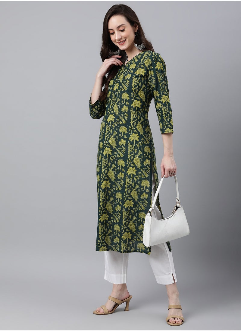 IndHeritage - Indian Kurti - Eid kurti collection - Premium dark green kurti with leaf prints - Image 1