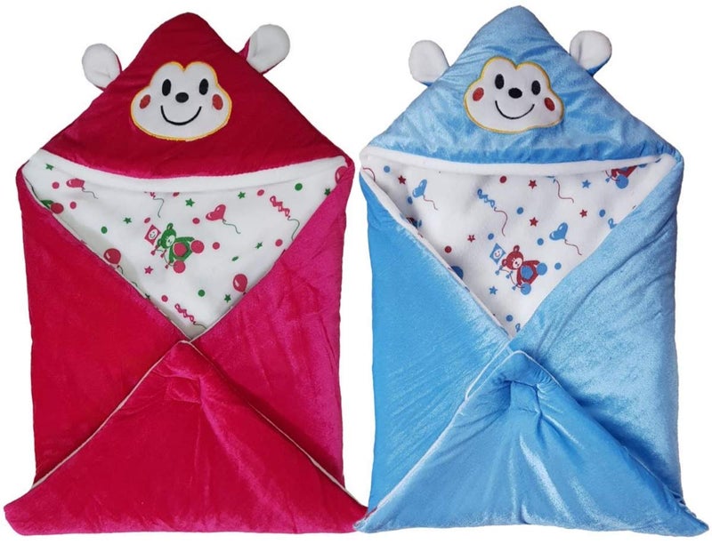 BRANDONN New Born Supersoft and Fluffy All Season Hooded Wrapper/Sleeping Bag/Baby Blanket for Babies Pack of 2 (66 x 66 cm, 0-6 Months) - Image 1