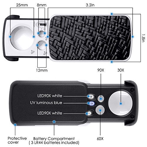 AFUNTA Jewelry Loupe Magnifier with UV LED Light, AFUNTA 30X 60X 90X Slide Out Pocket Magnifying Glass for Jewelry Diamonds Gems Coins Stamps Rocks Watches Hobbies Antiques Models Photos -Black - Image 2