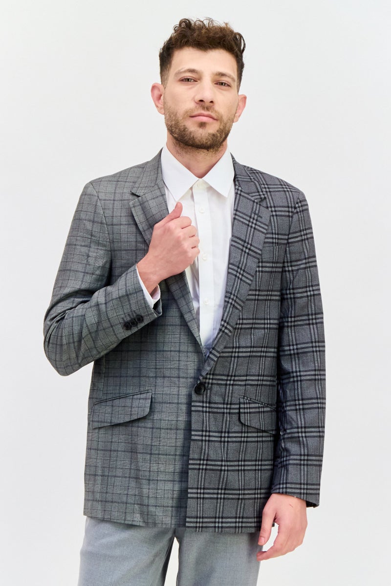 SELECTED Men Fashion Fit Plaid Semi Formal Blazer, Grey Combo - Image 1